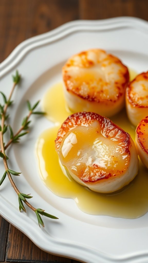 Delicious seared scallops drizzled with lemon butter sauce, garnished with herbs