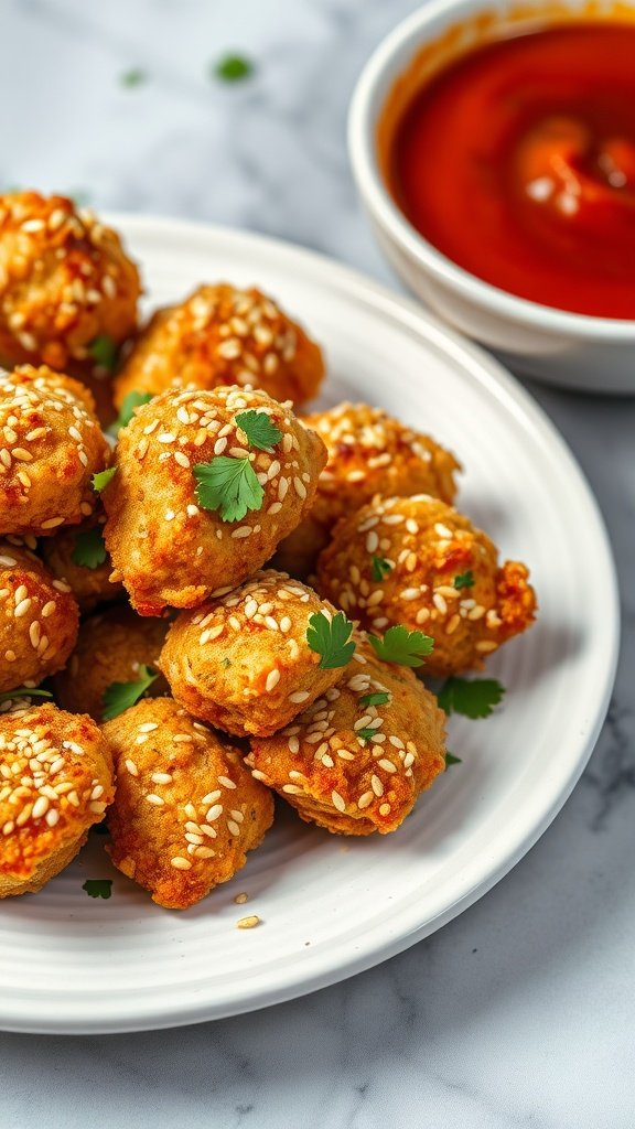 Delicious sesame crusted chicken bites served on a plate with a side of dipping sauce.