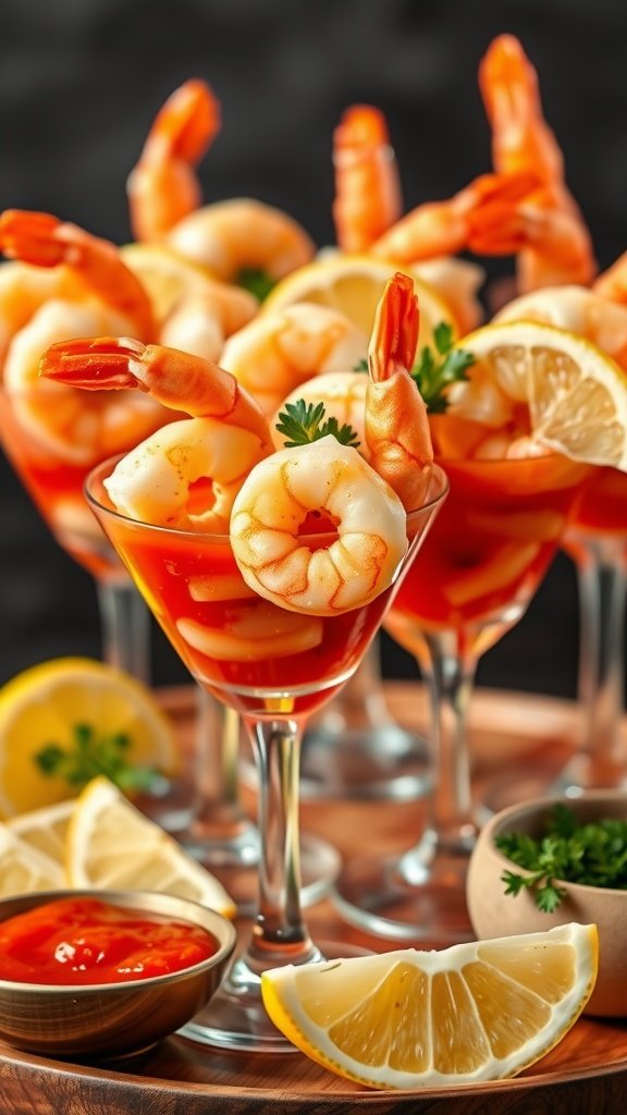 A sophisticated shrimp cocktail elegantly presented in tall glasses, garnished with lemon and parsley.
