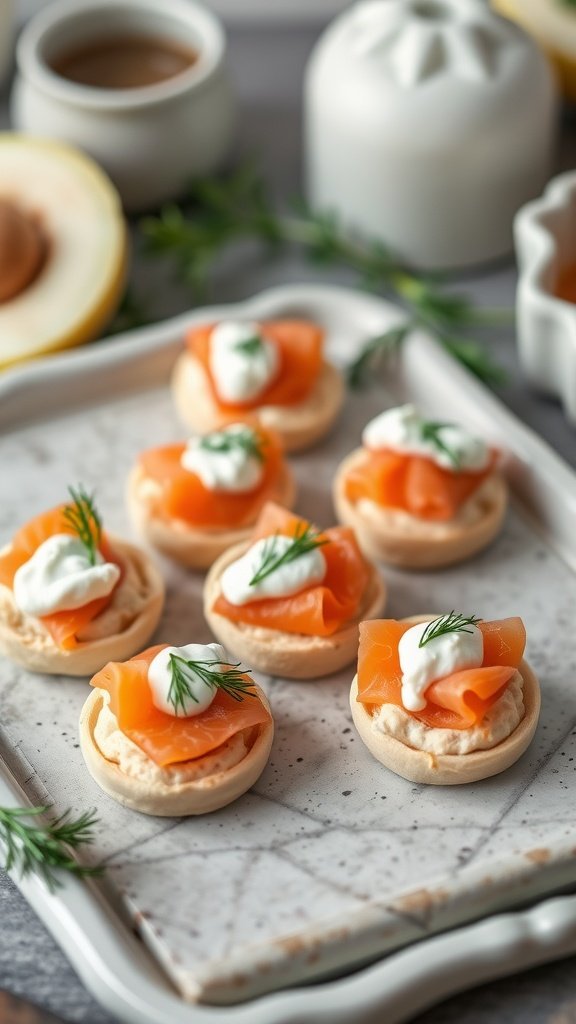 Delicious smoked salmon blinis topped with crème fraîche and fresh dill