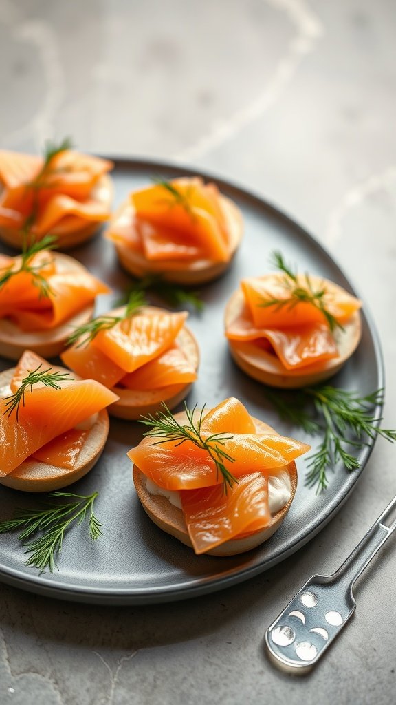 A plate of smoked salmon canapés garnished with fresh dill.