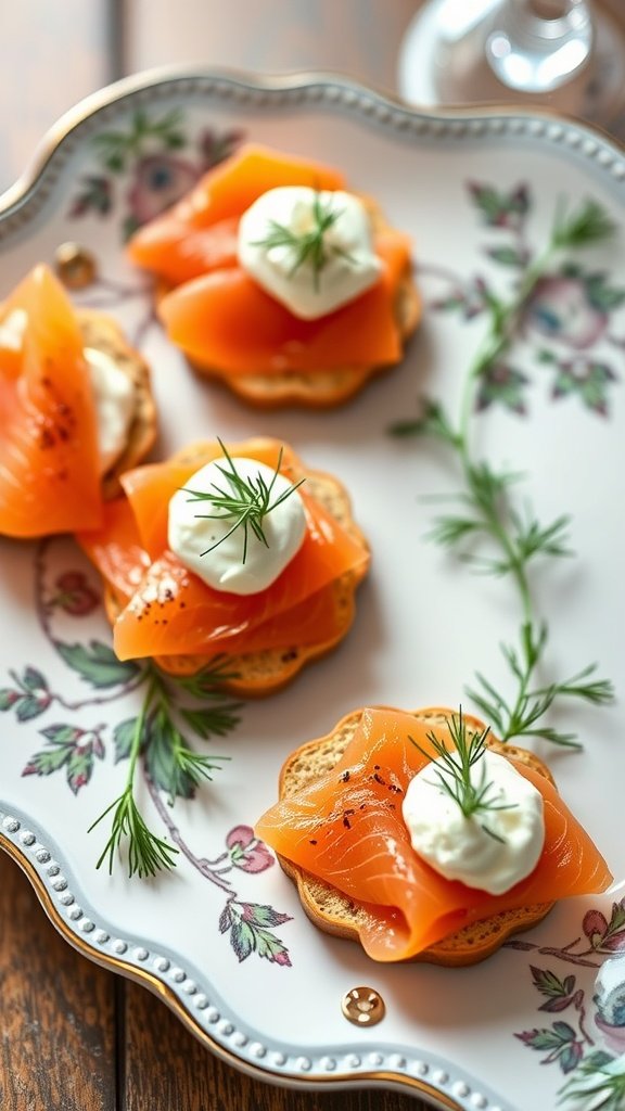Delicious smoked salmon canapés with cream cheese garnished with fresh herbs