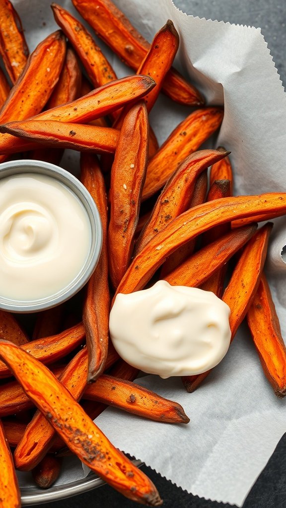 Spiced sweet potato fries served with a creamy dipping sauce.