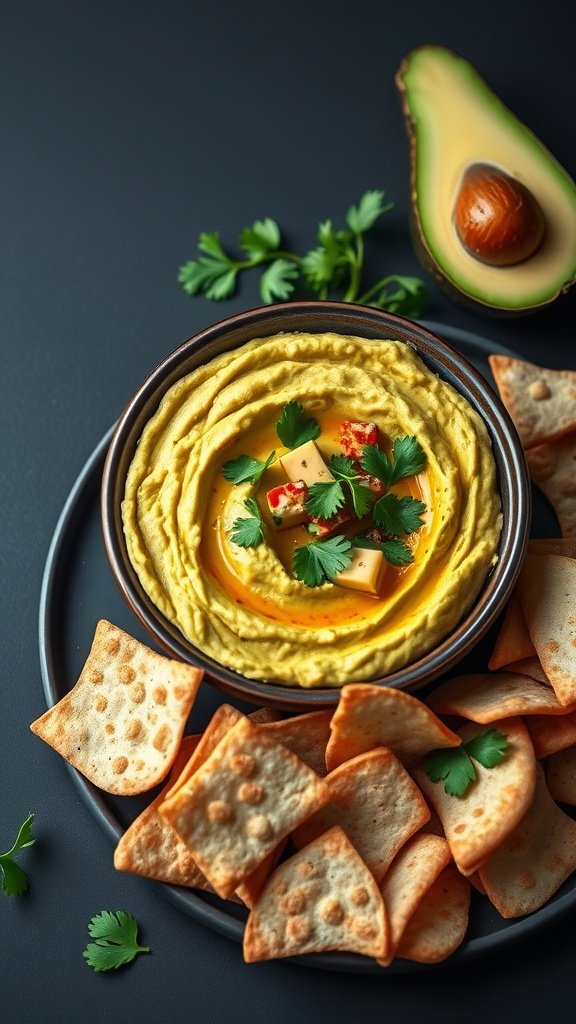 A bowl of spicy avocado hummus garnished with cilantro, surrounded by crispy pita chips.