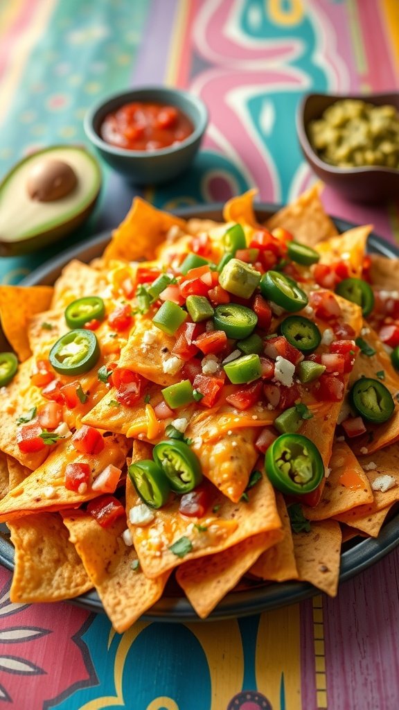A colorful plate of spicy cheesy nachos topped with fresh vegetables and served with salsa and guacamole.