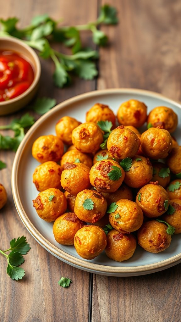 A plate of spicy chickpea bites garnished with cilantro, served with a small bowl of dipping sauce.