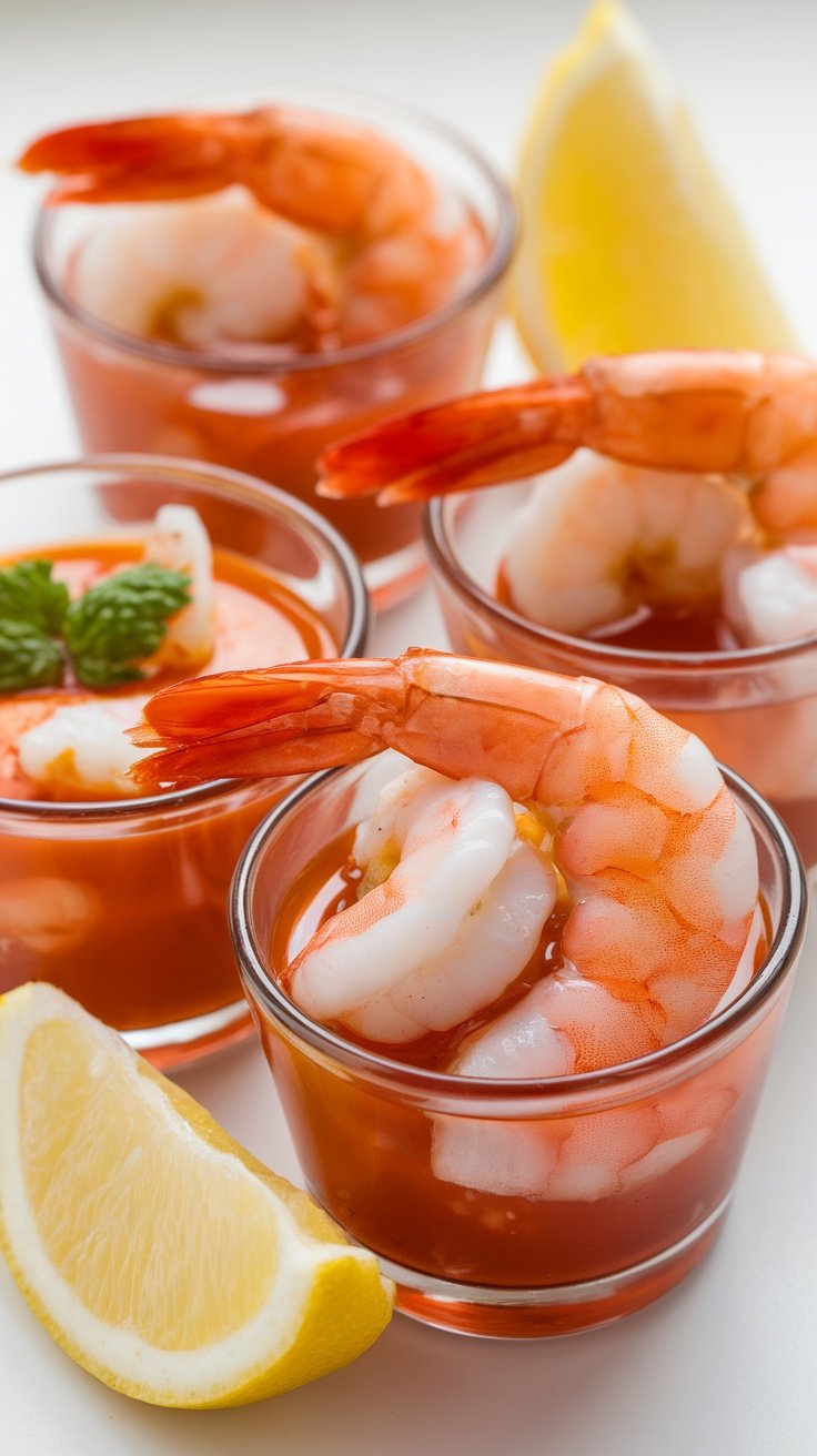 Spicy shrimp cocktail served in small cups with lemon slices.