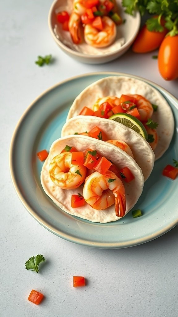 Mini tacos filled with spicy shrimp and topped with diced tomatoes and cilantro