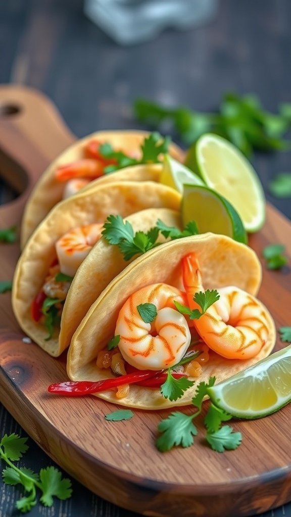 Spicy shrimp tacos served on mini tortillas with fresh toppings.