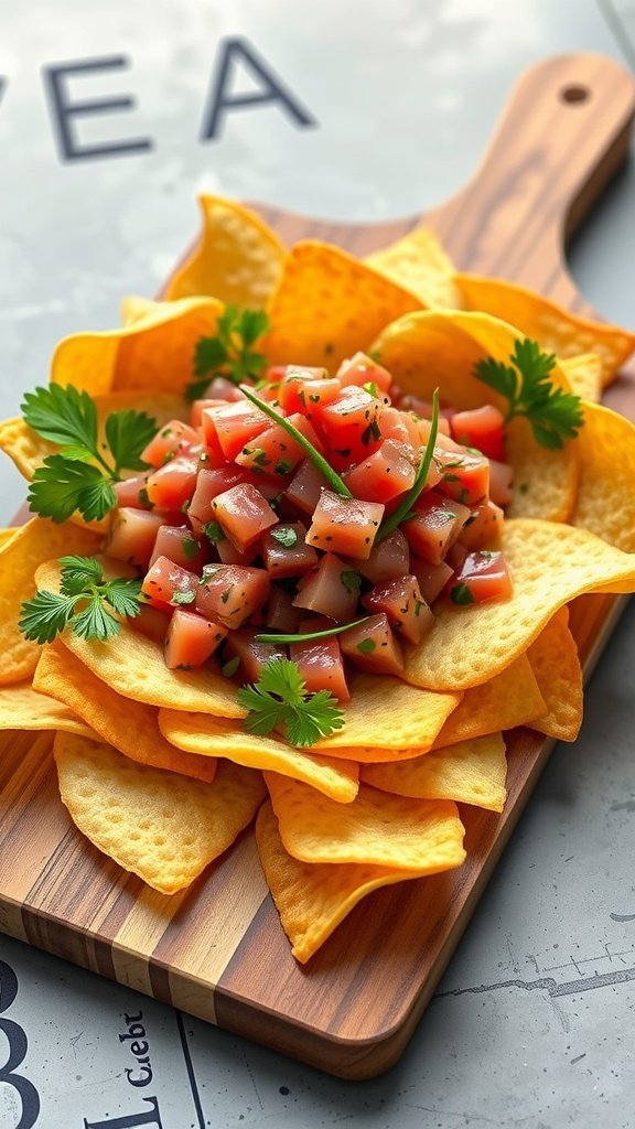 Spicy tuna tartare served on crispy chips, garnished with fresh herbs.