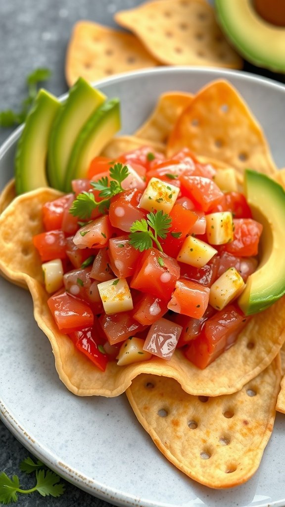 A plate of spicy tuna tartare served on crispy wontons, garnished with avocado and cilantro.