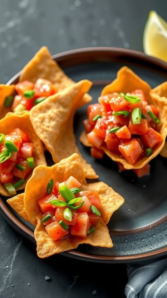 Spicy Tuna Tartare served on crispy wonton shells garnished with green onions.
