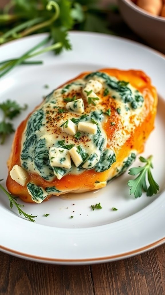 A plate of Spinach and Cheese Stuffed Chicken, garnished with herbs.