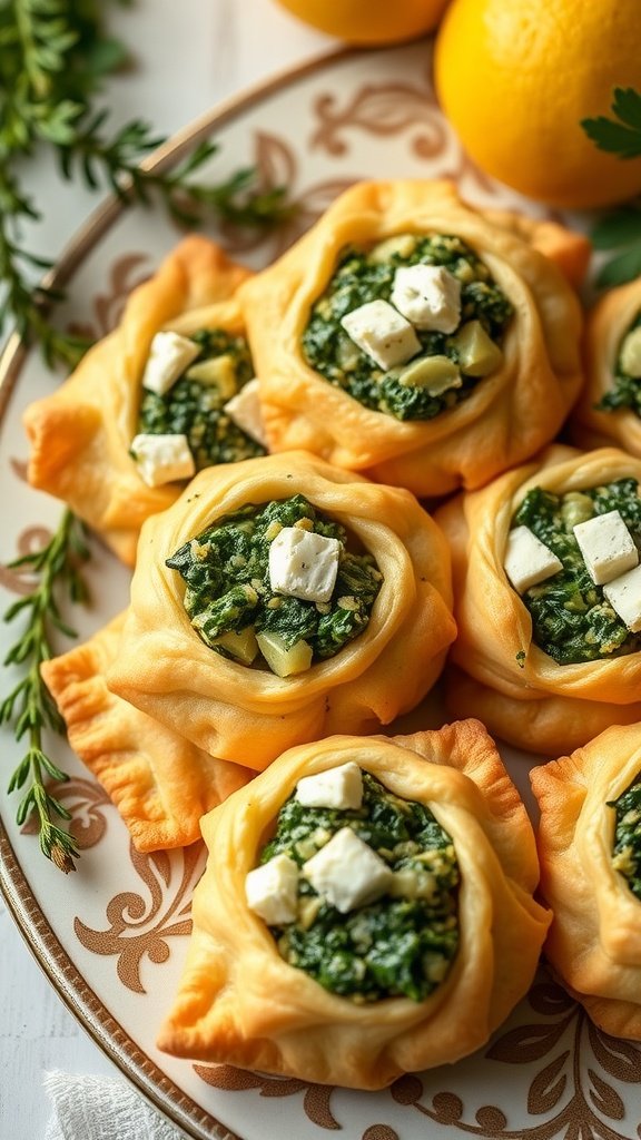 Delicious spinach and feta stuffed puff pastries on a decorative plate, garnished with fresh herbs.