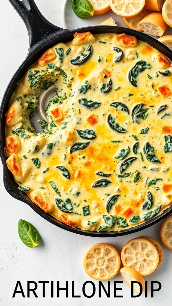 A creamy spinach artichoke dip served in a skillet.