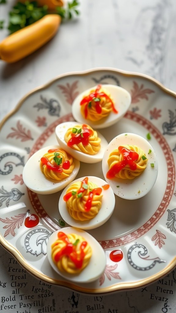 Plate of Sriracha deviled eggs garnished with green onions and Sriracha sauce.