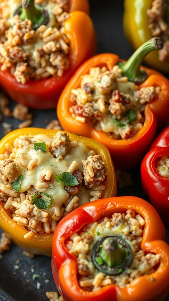 Colorful stuffed bell peppers filled with meat, rice, and melted cheese
