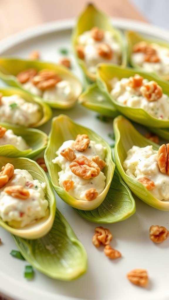 Stuffed endive leaves filled with a creamy cheese mixture and topped with walnuts
