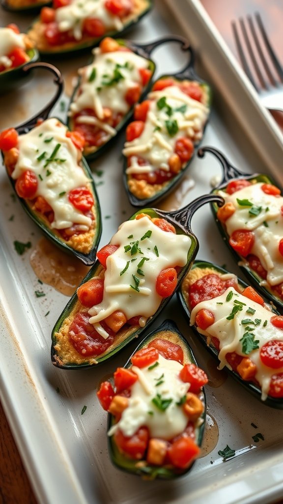 Stuffed jalapeño poppers topped with cheese and tomatoes, ready to serve.