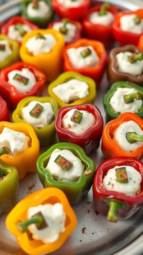 Stuffed mini peppers filled with cream cheese and topped with herbs.