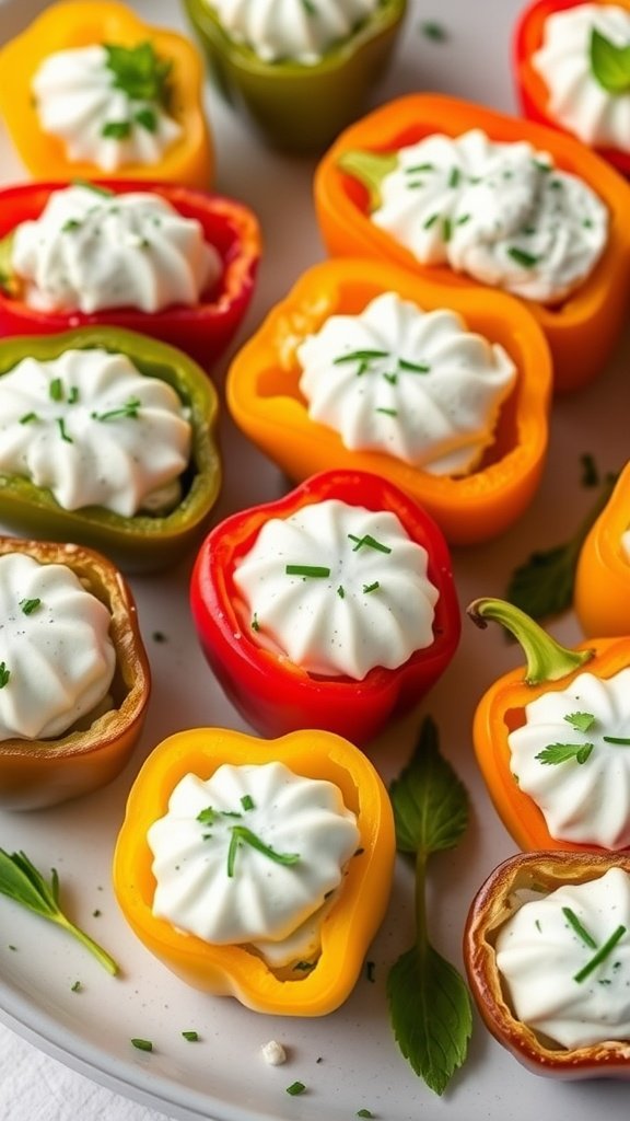 Stuffed mini peppers filled with cream cheese and topped with herbs.