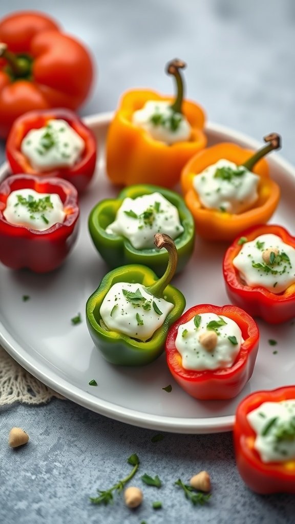Colorful mini peppers stuffed with goat cheese and garnished with herbs on a plate.