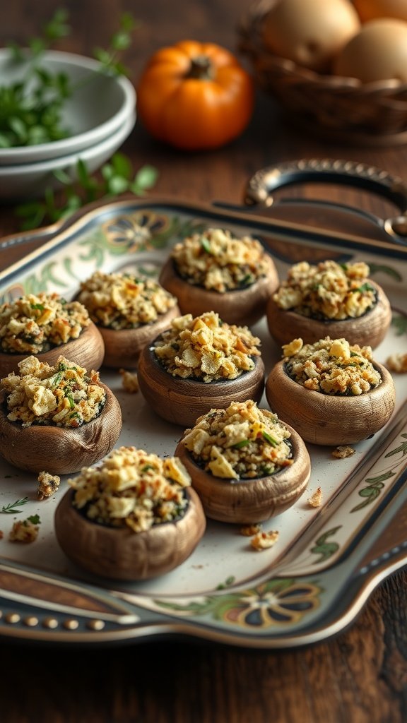 Delicious stuffed mushroom caps filled with garlic and herbs, ready to be served.