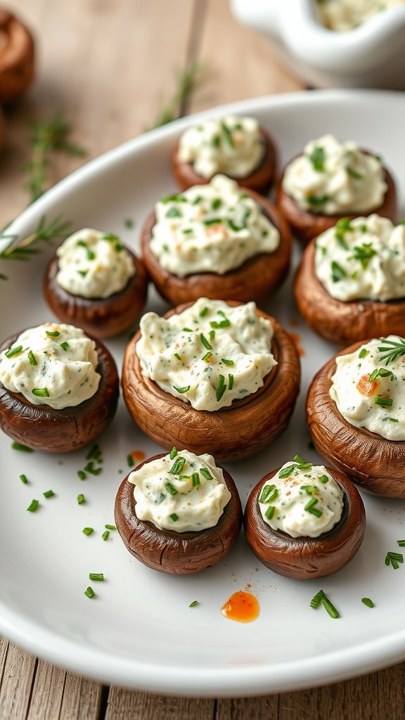 Stuffed mushrooms topped with herb cream cheese, garnished with chives.