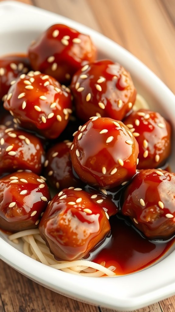 Bowl of sweet and sour meatballs garnished with sesame seeds
