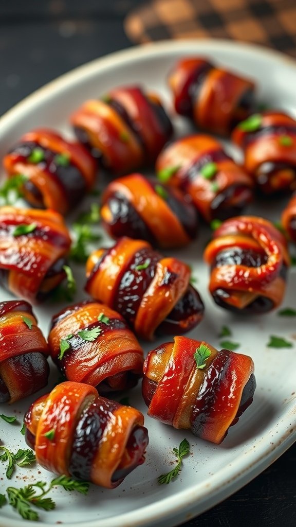 Sweet and Spicy Bacon-Wrapped Dates served on a platter