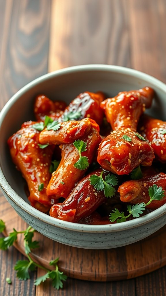 Delicious sweet and spicy chicken wings garnished with herbs