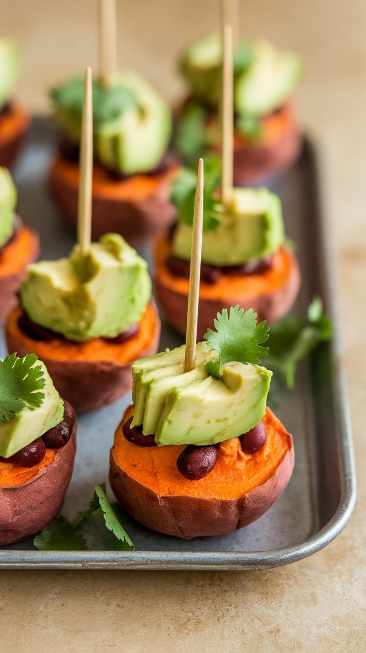 Sweet potato and black bean bites topped with avocado and cilantro