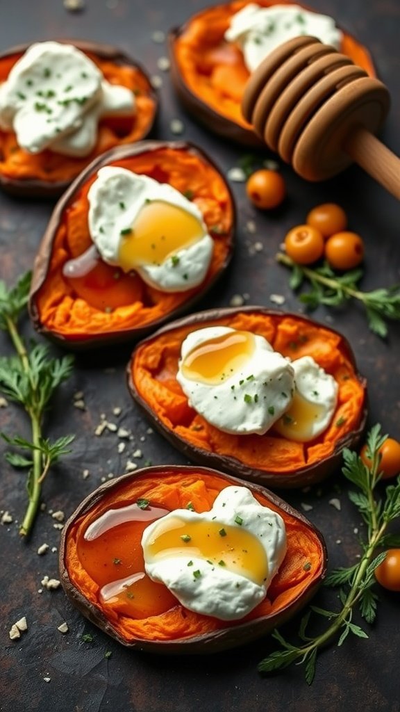 Sweet potato halves topped with goat cheese and garnished with herbs