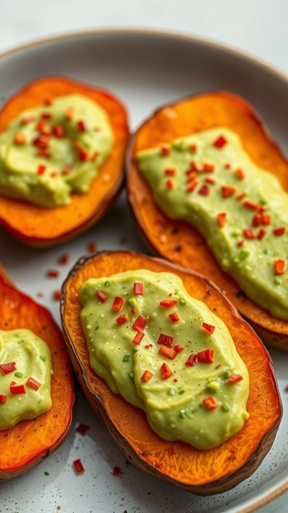 Delicious sweet potato bites topped with creamy avocado and garnished with red pepper flakes.