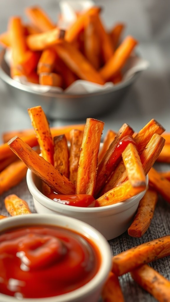 Crispy sweet potato fries served with ketchup