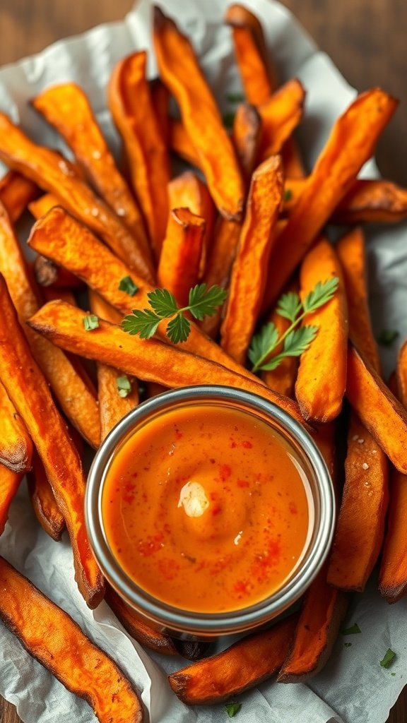 Plate of crispy sweet potato fries with a dipping sauce in a bowl.