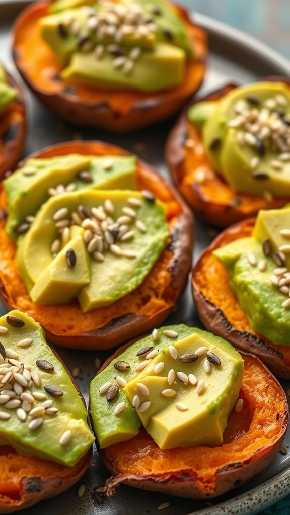 Sweet potato rounds topped with avocado and seeds