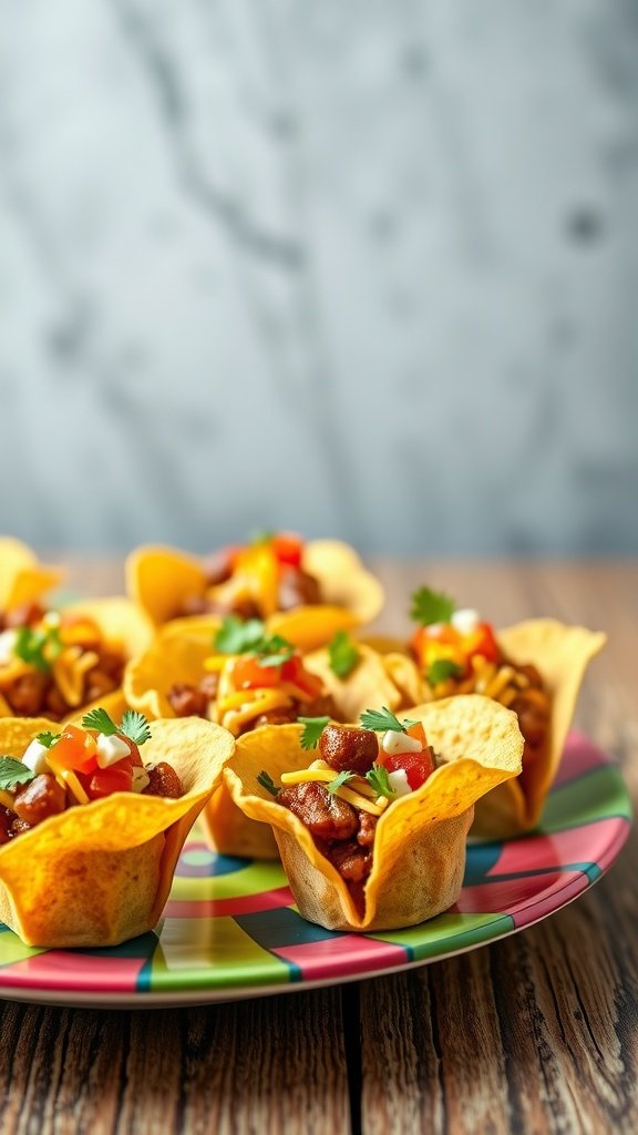 A colorful plate of taco cups filled with ground beef, cheese, and fresh toppings.