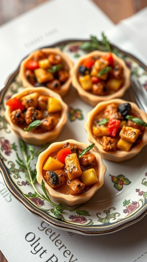 Delicious tartlets filled with ratatouille vegetables, garnished with fresh herbs.