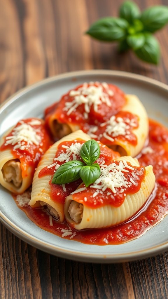 Plate of three-cheese stuffed pasta shells topped with marinara sauce and fresh basil