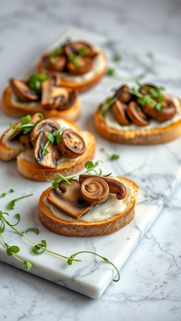 Truffle-infused Mushroom Crostini on a marble serving board