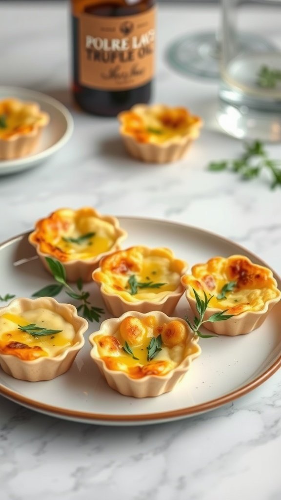 Truffle infused mini quiches served on a plate with herbs