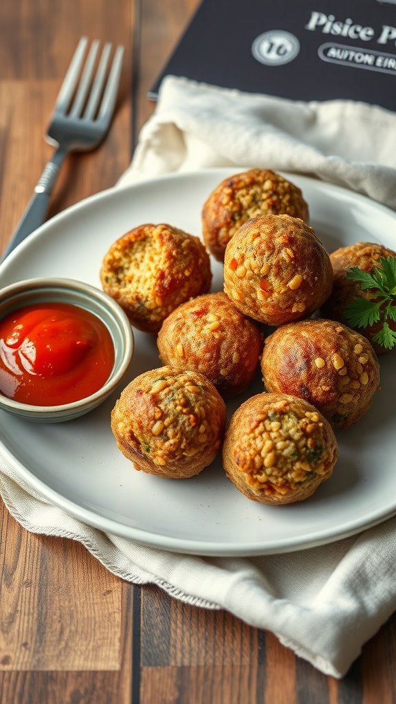 A plate of crispy truffle mushroom arancini served with a side of marinara sauce.