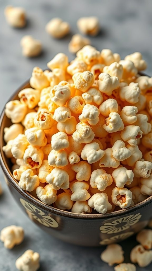 A bowl of truffled popcorn with Parmesan cheese sprinkled on top.
