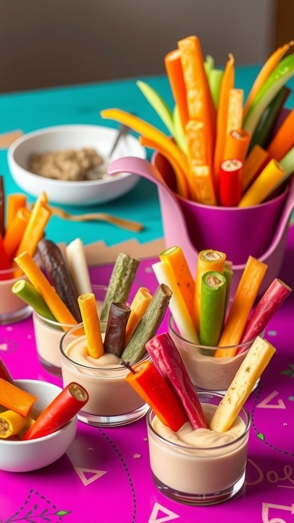 Colorful vegetable sticks in cups of hummus