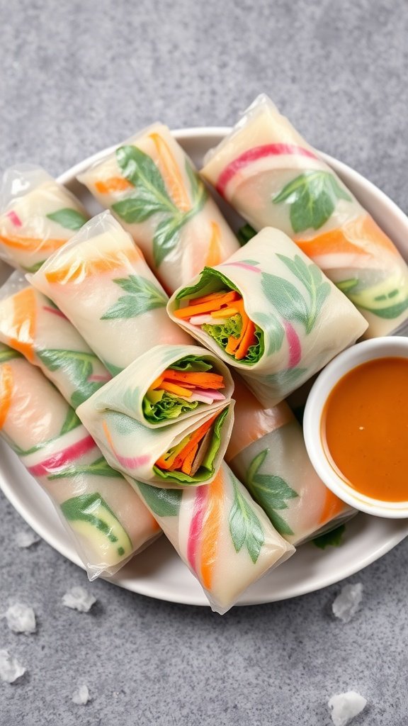 Vegetable spring rolls with peanut dipping sauce arranged on a plate