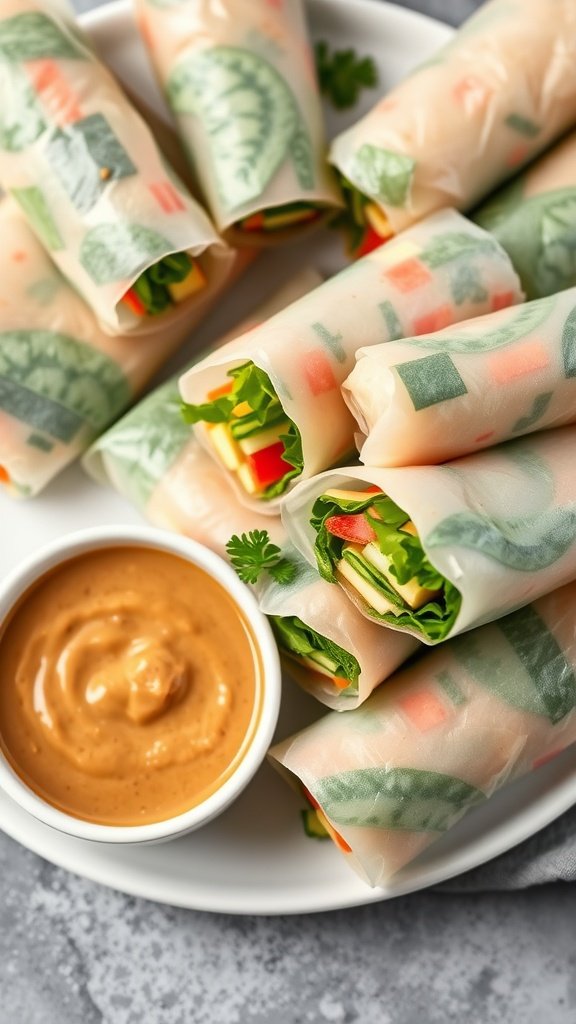 Fresh vegetable spring rolls served on a plate with a small bowl of peanut sauce.