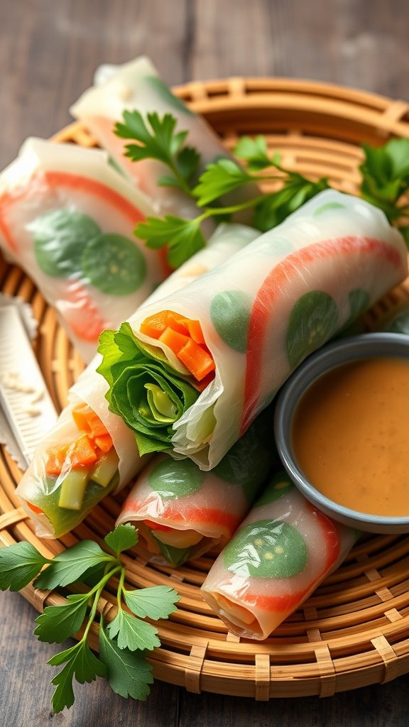Vegetable spring rolls served with peanut sauce on a bamboo plate.