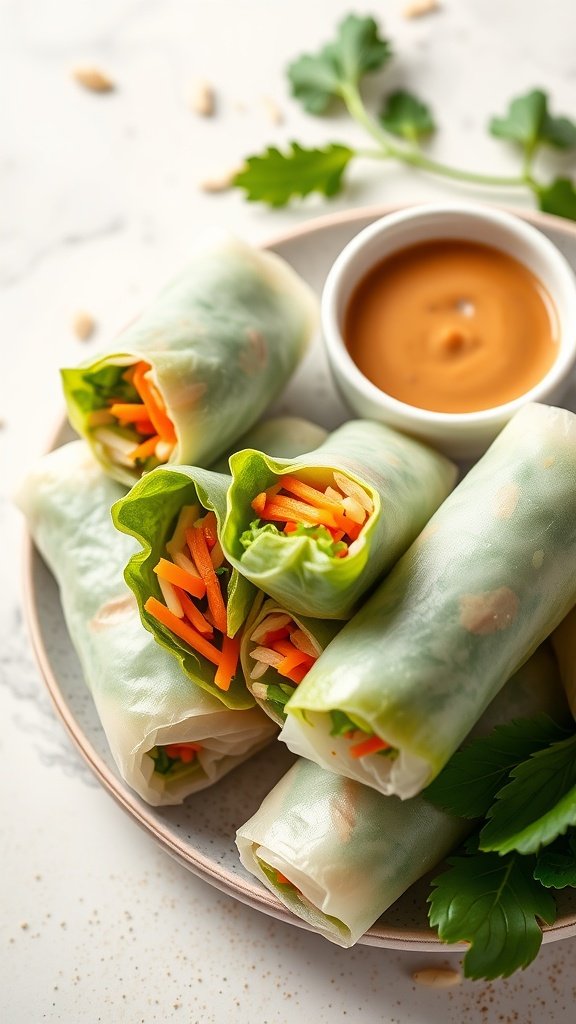 Veggie spring rolls with colorful vegetables and a bowl of peanut sauce