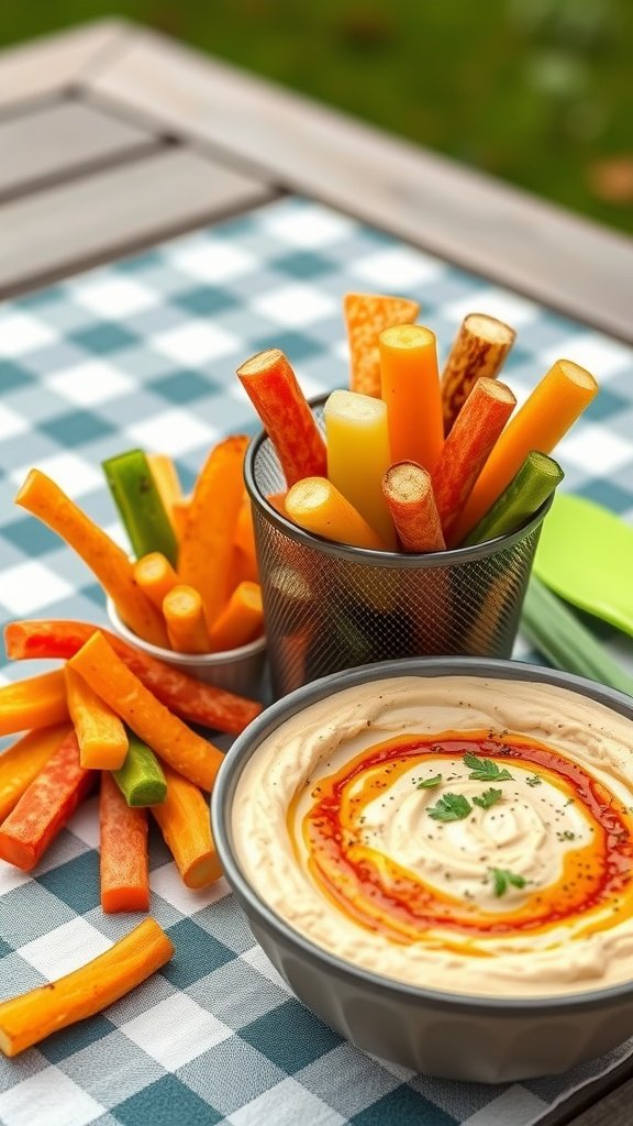 Colorful veggie sticks arranged next to a bowl of creamy hummus.